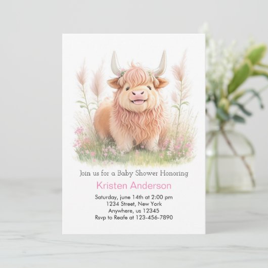 Highland Koe Roze Avontuur Meisje Baby shower Kaart (Staand voorkant)