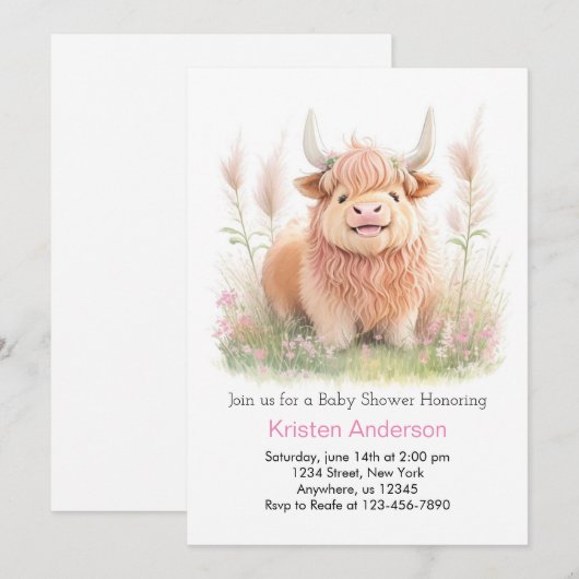 Highland Koe Roze Avontuur Meisje Baby shower Kaart (Voorkant / Achterkant)