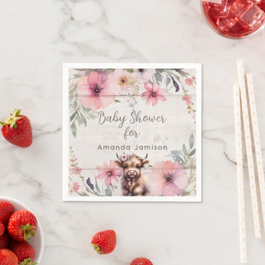 Highland Koe Roze Bloemen Schattig Baby Meisje Dou Servet (Insitu)