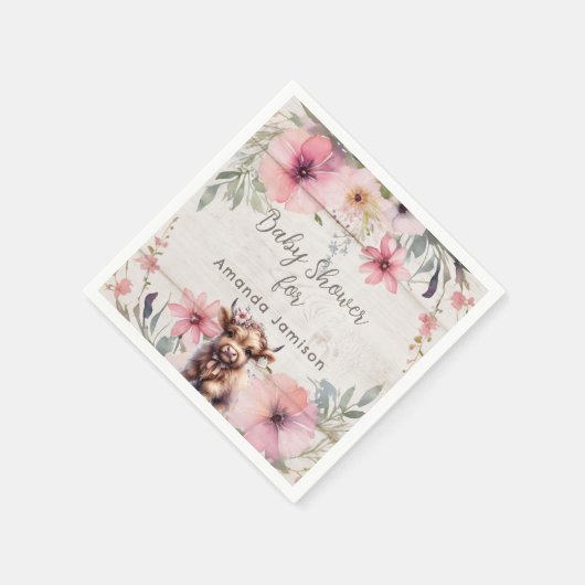 Highland Koe Roze Bloemen Schattig Baby Meisje Dou Servet (Hoek)