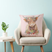 Highland Koe Roze Bloemen Whimsical Schattig Meisj Kussen (Stoel)