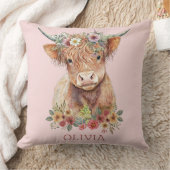 Highland Koe Roze Bloemen Whimsical Schattig Meisj Kussen (Deken)
