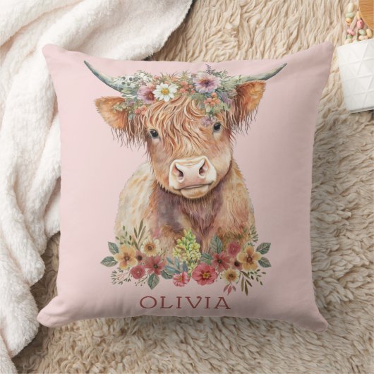 Highland Koe Roze Bloemen Whimsical Schattig Meisj Kussen (Deken)