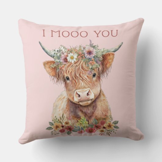 Highland Koe Roze Bloemen Whimsical Schattig Meisj Kussen (Achterkant)