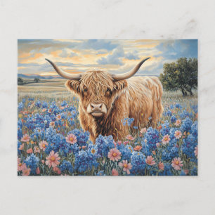 Highland Koe Roze en Blauwe Wildflowers Briefkaart