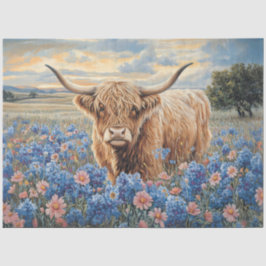 Highland Koe Roze en Blauwe Wildflowers Decoupage Tissuepapier