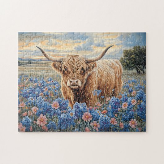 Highland Koe Roze en Blauwe Wildflowers Legpuzzel (Horizontaal)