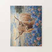 Highland Koe Roze en Blauwe Wildflowers Legpuzzel (Verticaal)