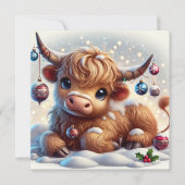Highland Koe Rustend in Besneeuwde Kerstwonderland Feestdagenkaart (Voorkant)