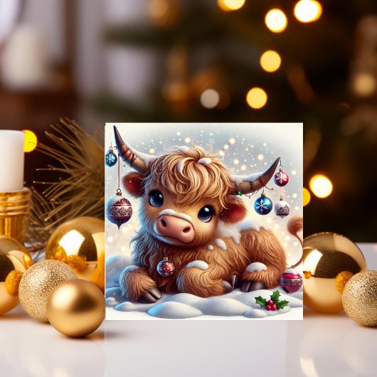 Highland Koe Rustend in Besneeuwde Kerstwonderland Feestdagenkaart