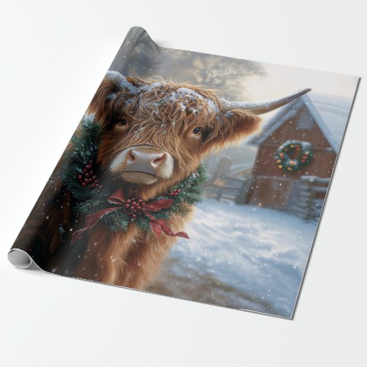 Highland Koe Rustic Barnyard Christmas Decoupage Cadeaupapier (Uitgerold)