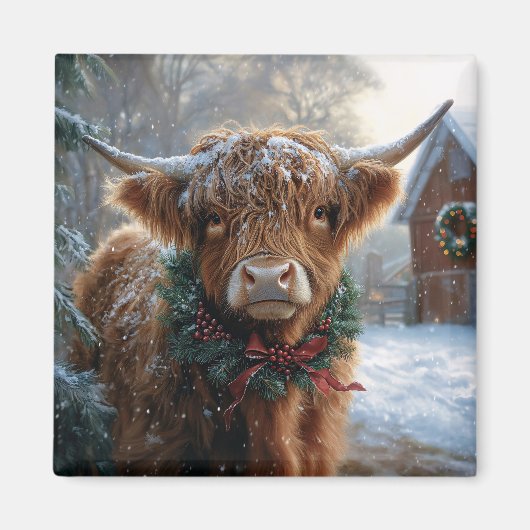 Highland Koe Rustic Barnyard Christmas Magneet (Voorkant)