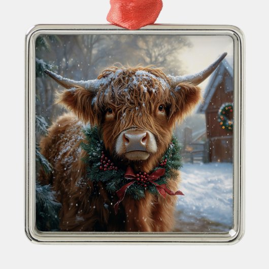 Highland Koe Rustic Barnyard Christmas Metalen Ornament (Voorkant)