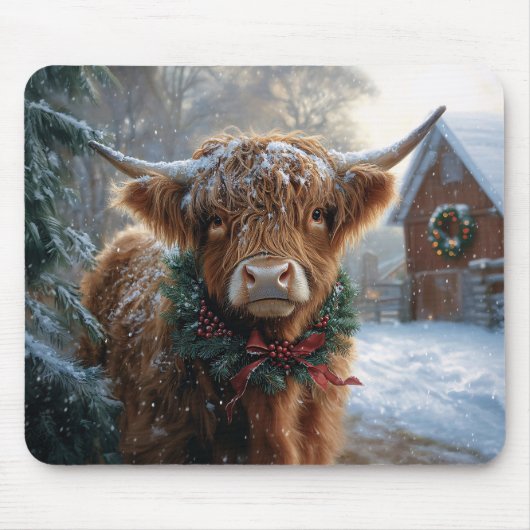 Highland Koe Rustic Barnyard Christmas Muismat (Voorkant)
