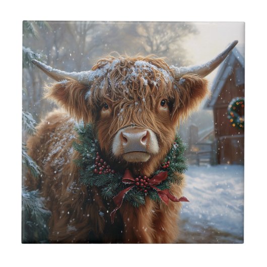 Highland Koe Rustic Barnyard Christmas Tegeltje (Voorkant)