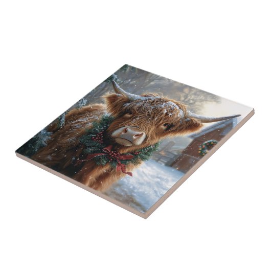 Highland Koe Rustic Barnyard Christmas Tegeltje (Zijkant)