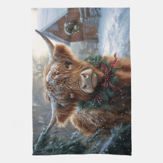 Highland Koe Rustic Barnyard Christmas Theedoek (Verticaal)