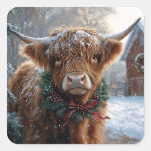 Highland Koe Rustic Barnyard Christmas Vierkante Sticker