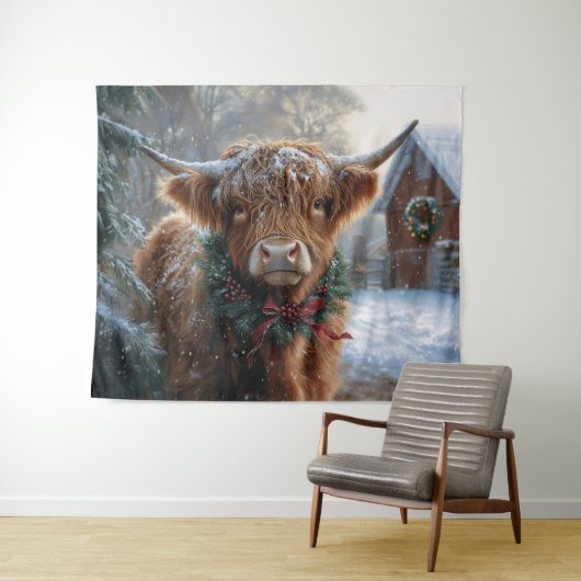 Highland Koe Rustic Barnyard Christmas Wandkleed (In Situ (horizontaal))