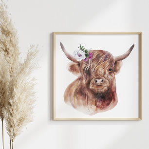 Highland Koe Rustic Scottish Cattle Illustration Poster