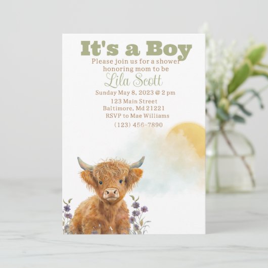 Highland koe rustiek baby shower uitnodiging (Staand voorkant)
