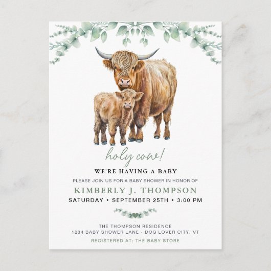 Highland Koe Sage Boho Greenery Baby shower Uitnodiging Briefkaart (Voorkant)