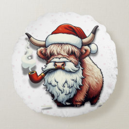 Highland Koe Santa met sneeuwvlokken - Rustiek Dec Rond Kussen
