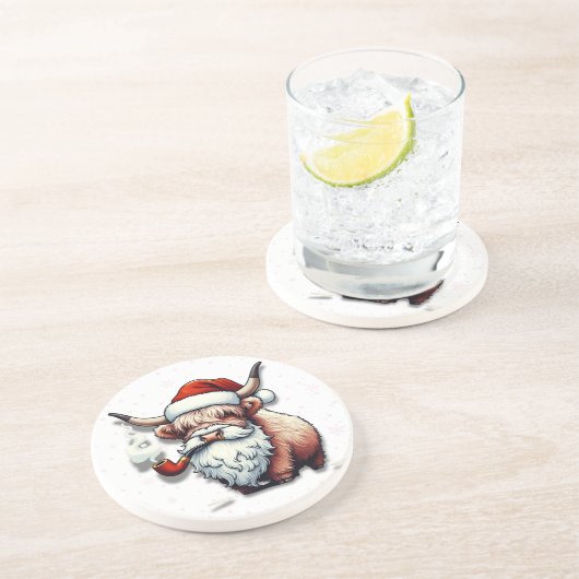 Highland Koe Santa met sneeuwvlokken - Rustiek Dec Zandsteen Onderzetter (Zijkant)