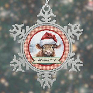 Highland Koe Schattige Santa Hat Gingham Kerstnaam Tin Sneeuwvlok Ornament