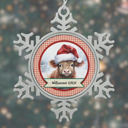 Highland Koe Schattige Santa Hat Gingham Kerstnaam Tin Sneeuwvlok Ornament