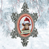 Highland Koe Schattige Santa Hat Gingham Kerstnaam Tin Sneeuwvlok Ornament