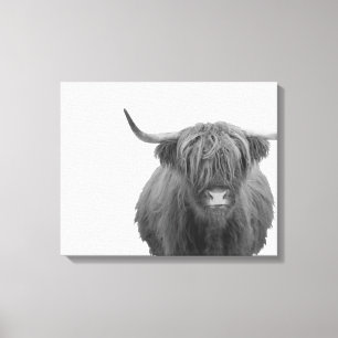 Highland Koe Scotland Rustic Black White Canvas Afdruk