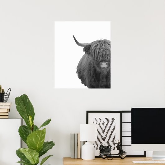 Highland Koe Scotland Rustic Black White Poster (Thuiskantoor)