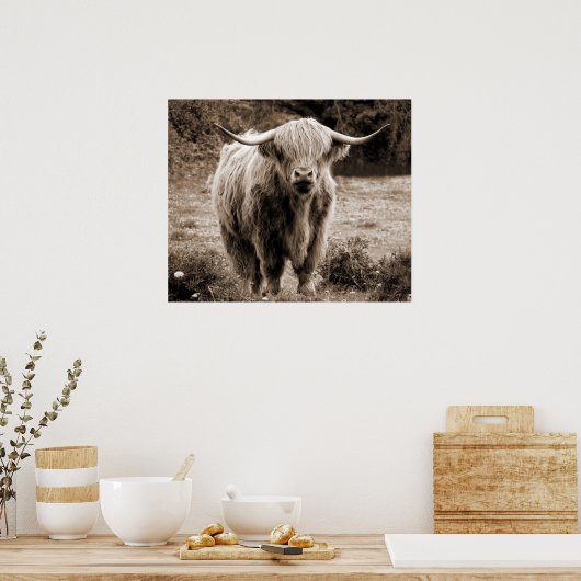 Highland Koe Scotland Rustic Brown monotone Poster (Keuken)