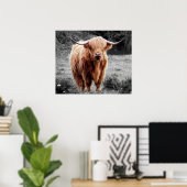 Highland Koe Scotland Rustic Poster Black White (Thuiskantoor)