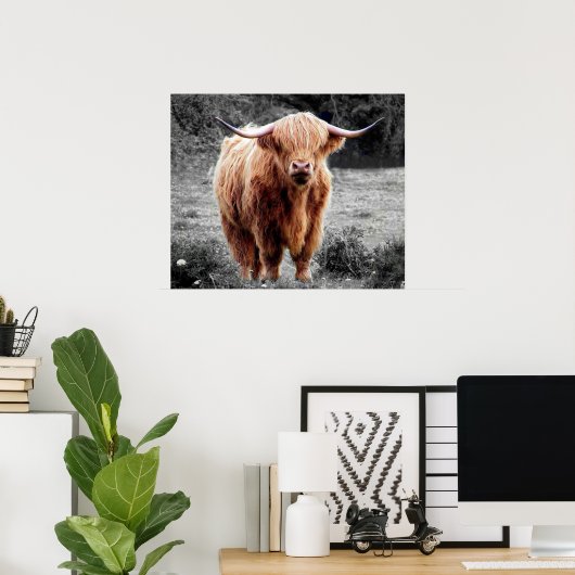 Highland Koe Scotland Rustic Poster Black White (Thuiskantoor)