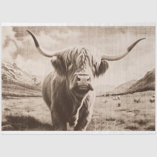 Highland Koe  Sepia Decoupage Paper Tissuepapier (Voorkant)