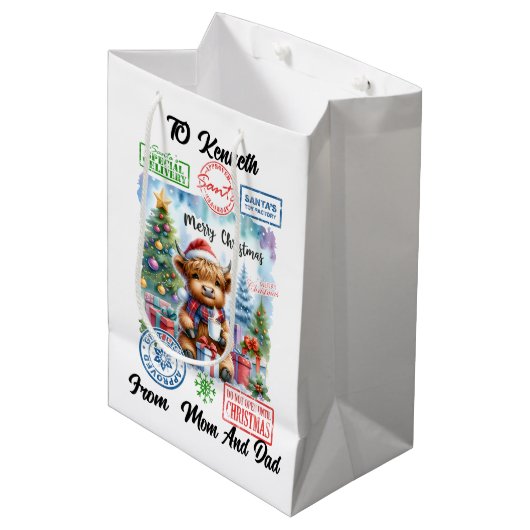 Highland Koe Sips beroemd gemaakt door Christmas T Medium Cadeauzakje (Voorkant Gekanteld)