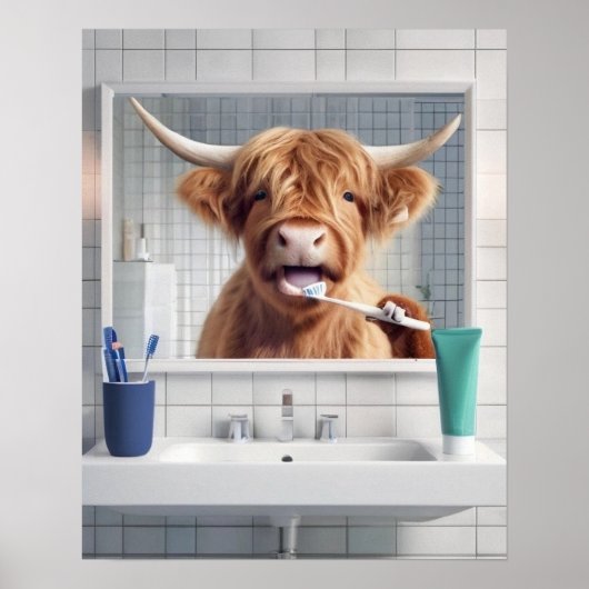 Highland Koe Tandenpoetsen Badkamer Poster (Voorkant)