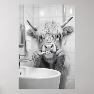 Highland Koe Tandenpoetsen Print, Grappige Badkame Poster