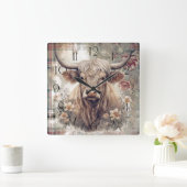 Highland Koe Tartan Clan Waterverf Vierkante Klok (Huis)