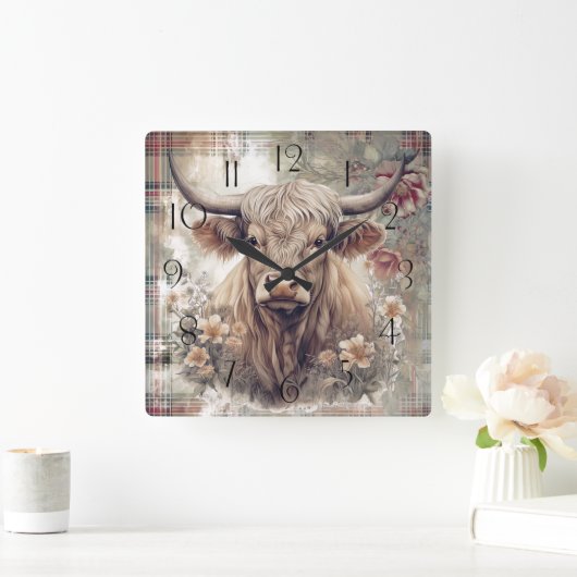 Highland Koe Tartan Clan Waterverf Vierkante Klok (Huis)