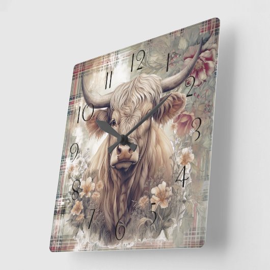 Highland Koe Tartan Clan Waterverf Vierkante Klok (Hoek)