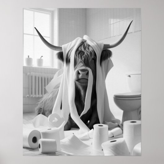 Highland Koe Toilet Papier Mischief Badkamer Poster (Voorkant)