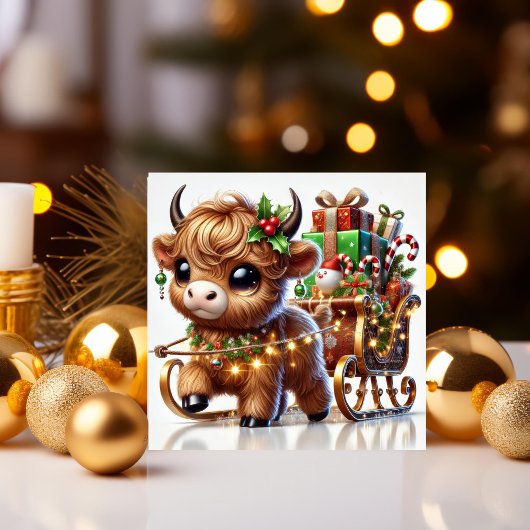 Highland Koe trekt aan de slee van de kerstman Feestdagenkaart