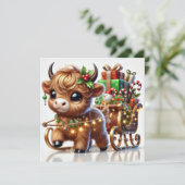 Highland Koe trekt aan de slee van de kerstman Feestdagenkaart (Staand voorkant)