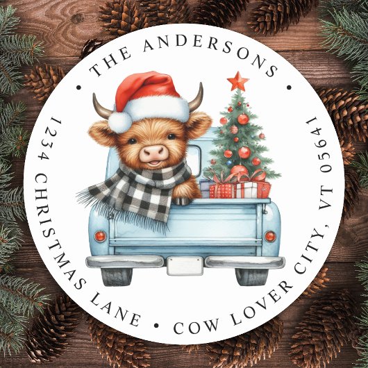 Highland Koe Truck Christmas Return Adres Ronde Sticker