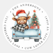 Highland Koe Truck Christmas Return Adres Ronde Sticker (Voorkant)