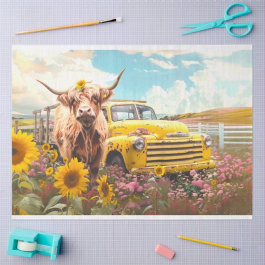 Highland Koe  Truck Zonnebloemen Decoupage Tissuepapier (Craft)