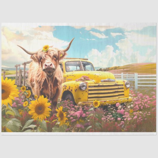 Highland Koe  Truck Zonnebloemen Decoupage Tissuepapier (Voorkant)